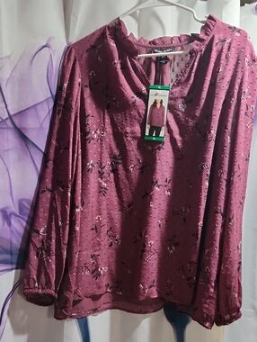 Hilary Radley Mauve Floral Ruffled Neck Blouse